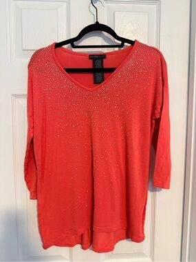 Design History Coral V-Neck Long Sleeve Top with Rhinestone Accents